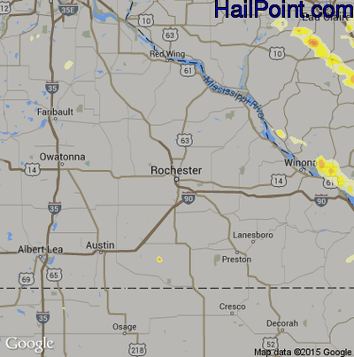 Hail Map for Rochester, MN Region on July 13, 2015
