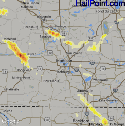 Hail Map for Madison, WI Region on July 13, 2015