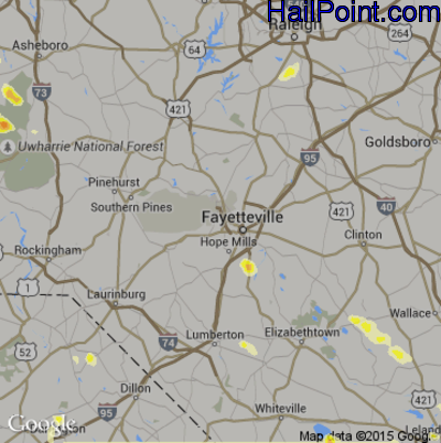 Hail Map for Fayetteville, NC Region on July 13, 2015