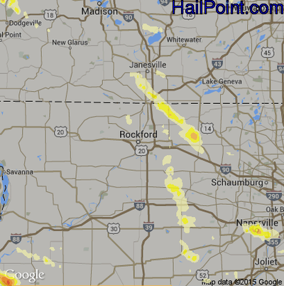 Hail Map for Rockford, IL Region on July 13, 2015 