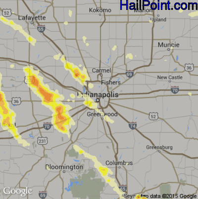 Hail Map for Indianapolis, IN Region on July 13, 2015