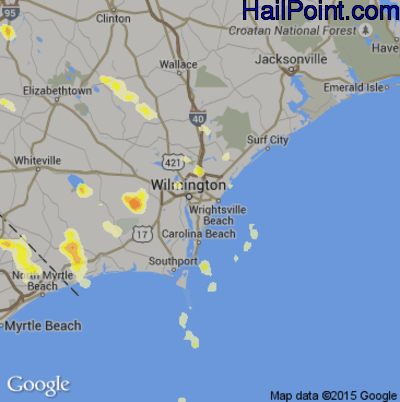 Hail Map for Wilmington, NC Region on July 13, 2015