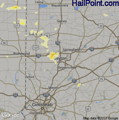 Hail Map for Dayton, OH Region on July 13, 2015
