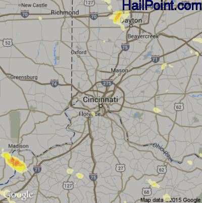 Hail Map for Cincinnati, OH Region on July 13, 2015