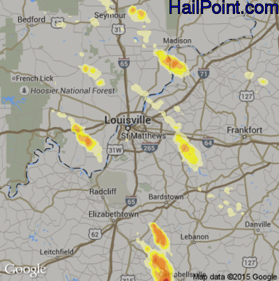 Hail Map for Louisville, KY Region on July 13, 2015