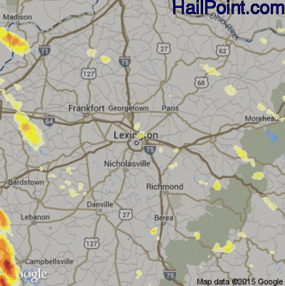 Hail Map for Lexington, KY Region on July 13, 2015