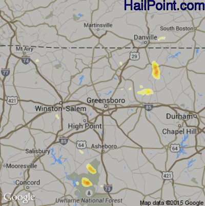 Hail Map for Greensboro, NC Region on July 13, 2015