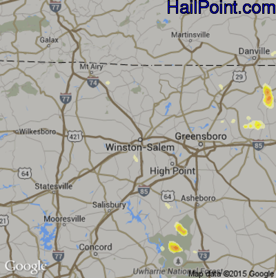 Hail Map for Winston-Salem, NC Region on July 13, 2015