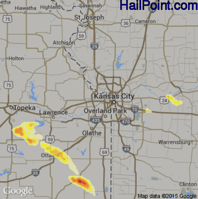 Hail Map for Kansas City, KS Region on July 13, 2015