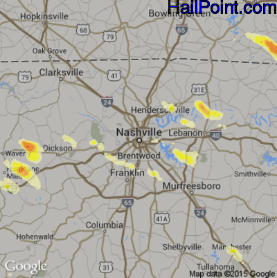Hail Map for Nashville, TN Region on July 14, 2015 