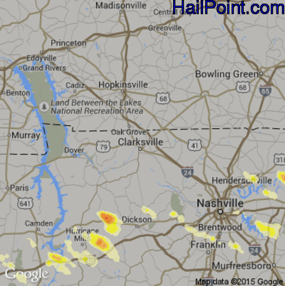 Hail Map for Clarksville, TN Region on July 14, 2015 