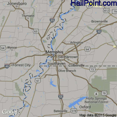 Hail Map for Memphis, TN Region on July 14, 2015