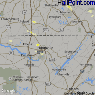 Hail Map for Huntsville, AL Region on July 14, 2015 
