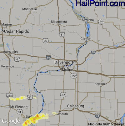 Hail Map for Davenport, IA Region on July 16, 2015