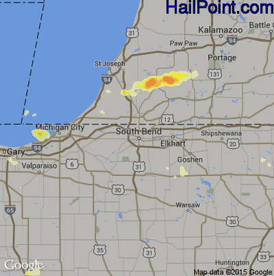 Hail Map for South Bend, IN Region on July 17, 2015