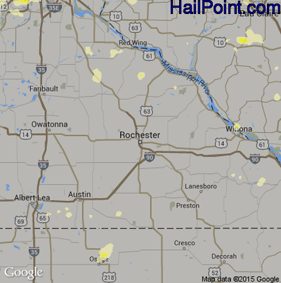 Hail Map for Rochester, MN Region on July 18, 2015