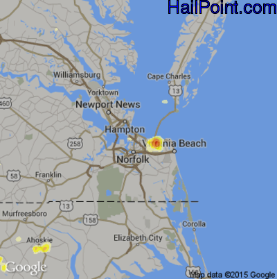 Hail Map for Norfolk, VA Region on July 18, 2015