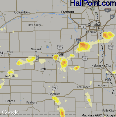 Hail Map for Lincoln, NE Region on July 24, 2015 
