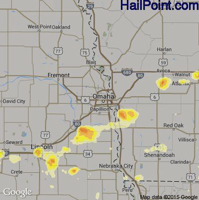 Hail Map for Omaha, NE Region on July 24, 2015