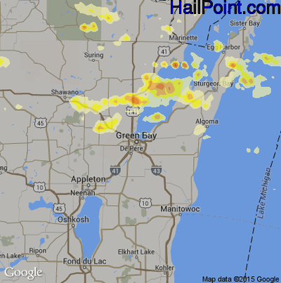 Hail Map for Green Bay, WI Region on August 2, 2015 
