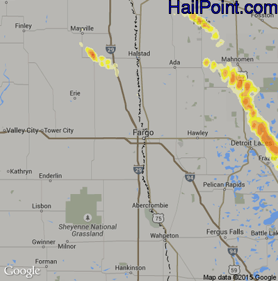 Hail Map for Fargo, ND Region on August 2, 2015 