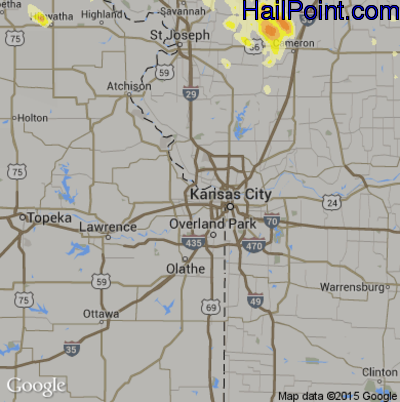 Hail Map for Kansas City, KS Region on August 3, 2015