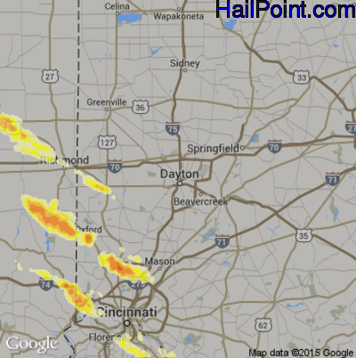 Hail Map for Dayton, OH Region on August 3, 2015