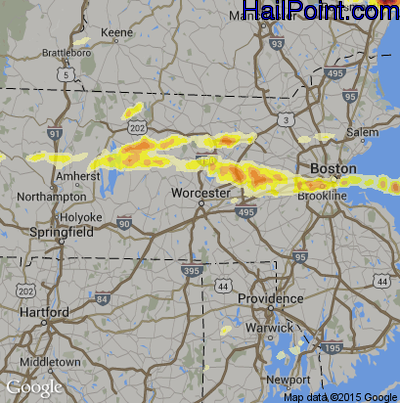 Hail Map for Worcester, MA Region on August 4, 2015 