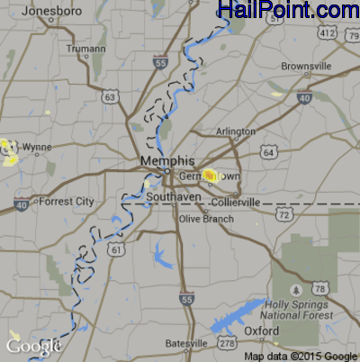 Hail Map for Memphis, TN Region on August 5, 2015
