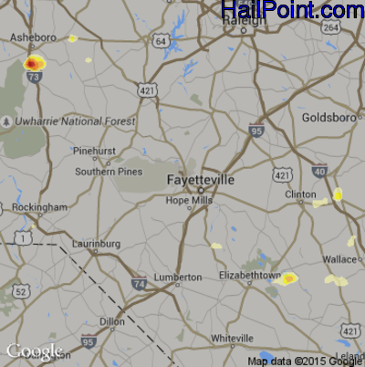 Hail Map for Fayetteville, NC Region on August 6, 2015