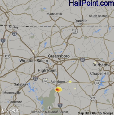 Hail Map for Greensboro, NC Region on August 6, 2015