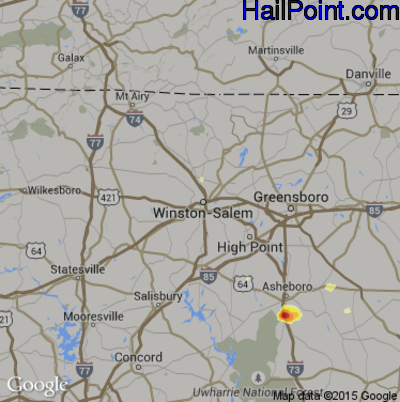 Hail Map for Winston-Salem, NC Region on August 6, 2015