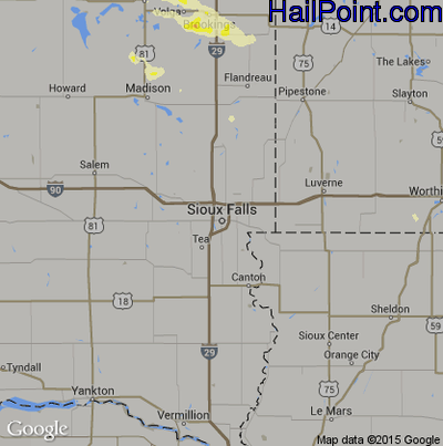 Hail Map for Sioux Falls, SD Region on August 6, 2015