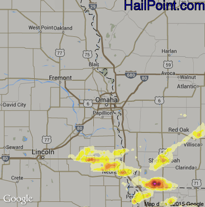 Hail Map for Omaha, NE Region on August 9, 2015
