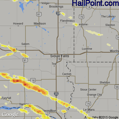 Hail Map for Sioux Falls, SD Region on August 9, 2015