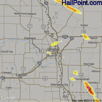 Hail Map for Omaha, NE Region on August 10, 2015