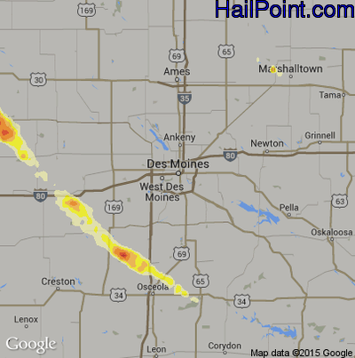Hail Map for Des Moines, IA Region on August 10, 2015