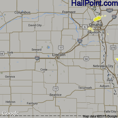 Hail Map for Lincoln, NE Region on August 10, 2015