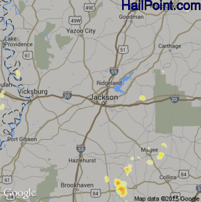 Hail Map for Jackson, MS Region on August 10, 2015 