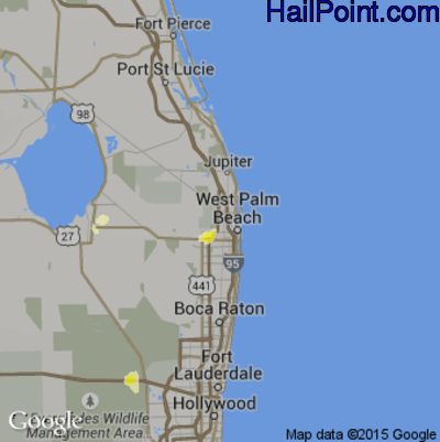Hail Map for West Palm Beach, FL Region on August 13, 2015