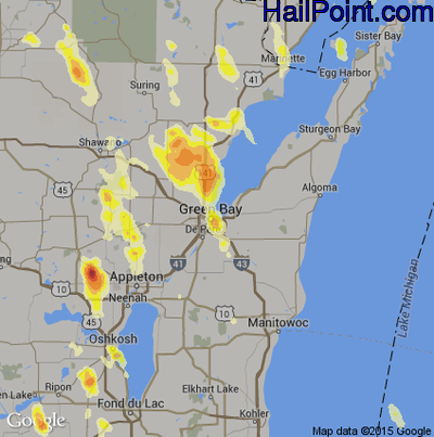 Hail Map for Green Bay, WI Region on August 14, 2015