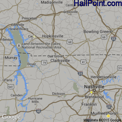 Hail Map for Clarksville, TN Region on August 15, 2015
