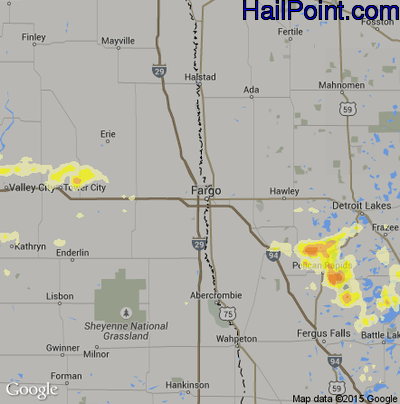 Hail Map for Fargo, ND Region on August 16, 2015