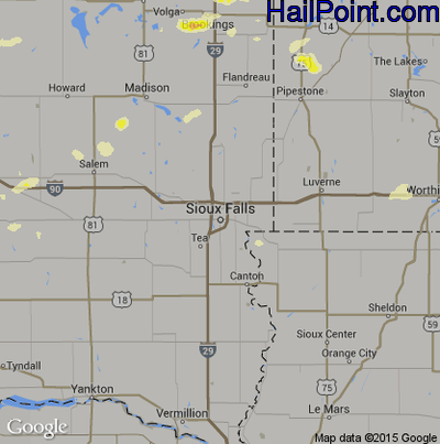 Hail Map for Sioux Falls, SD Region on August 16, 2015