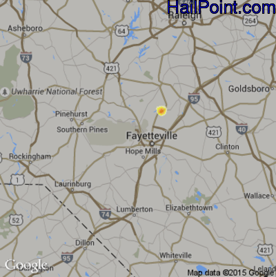 Hail Map for Fayetteville, NC Region on August 19, 2015