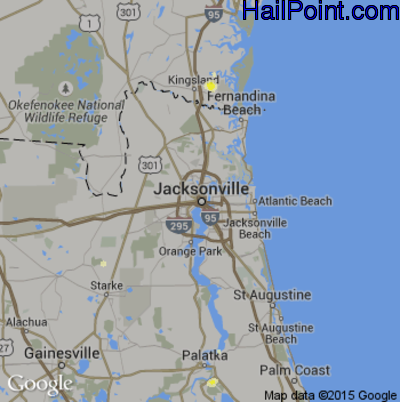 Hail Map for Jacksonville, FL Region on August 20, 2015