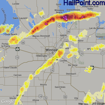 Hail Map for Winnapeg, Can Region on August 22, 2015