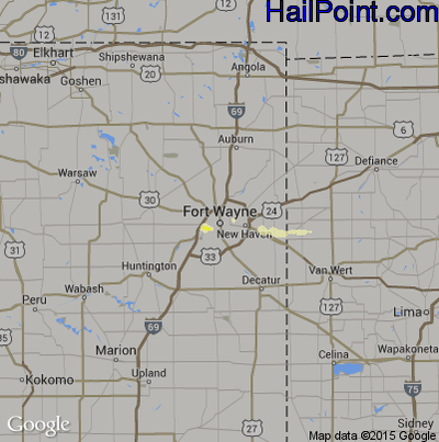 Hail Map for Fort Wayne, IN Region on August 23, 2015