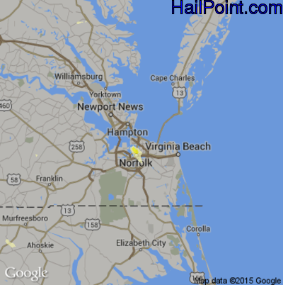Hail Map for Norfolk, VA Region on September 2, 2015