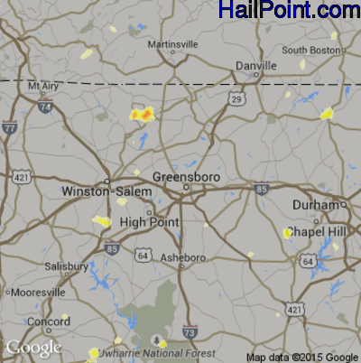 Hail Map for Greensboro, NC Region on September 4, 2015 